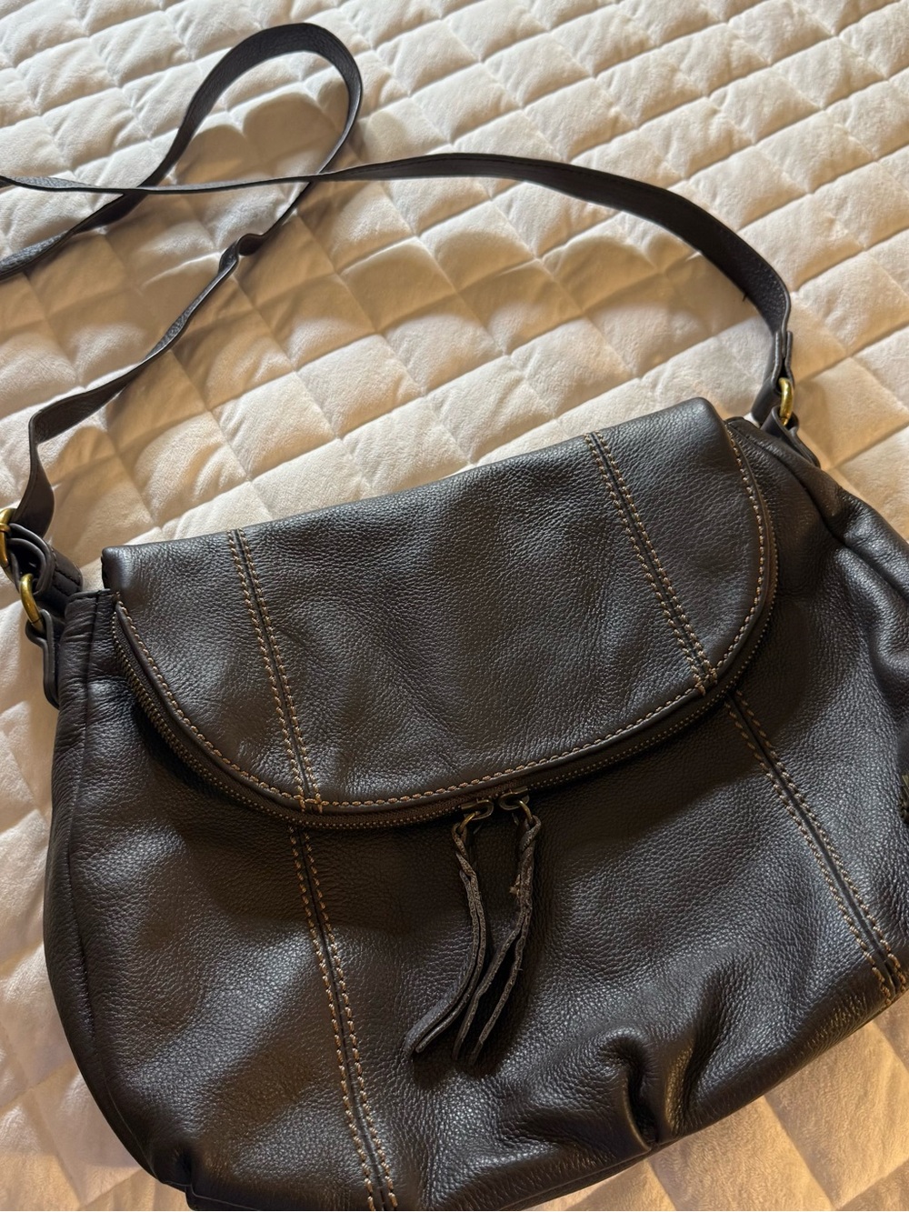 The Sak Deena Brown Pebbled Leather Foldover Flap Crossbody Bag Boho